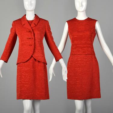 XS 1960s Harrods Bright Red Three Piece Skirt Suit Formal Business Set 
