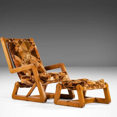 Rare Angular Oak Lounge Chair and Ottoman Set Found in Original Fabric, c. 1970s 