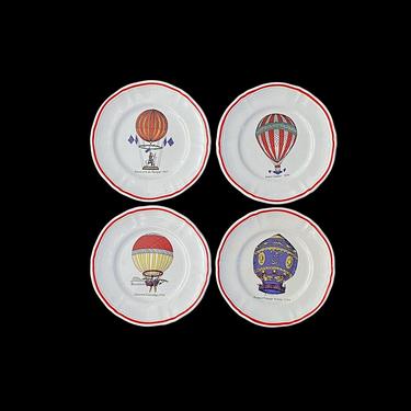 Vintage Set of 4 LONGCHAMP France 6.25&quot; Decorative Plates with Historical Hot Air Ballon Scenes 