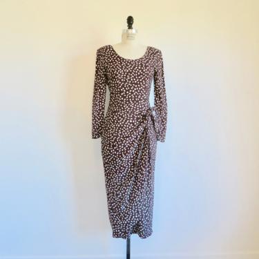 Vintage 1980's Brown and White Rayon Floral Print Midi Day Dress Faux Wrap Long Sleeves Elisse 30" Waist Medium 