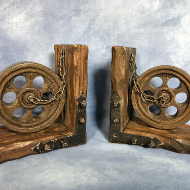 Vintage Rustic Wooden Wheel Ironwork Medieval Bookends, Wood Wagon and Metal Chain 