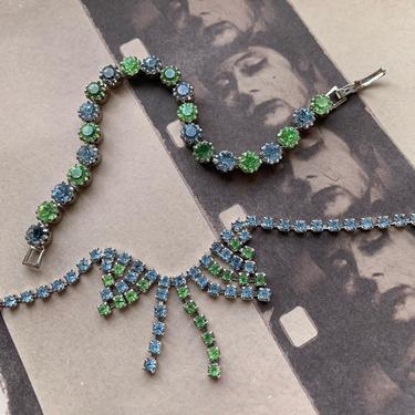 029-Vintage Green & Blue Rhinestone Choker and Bracelet Set 