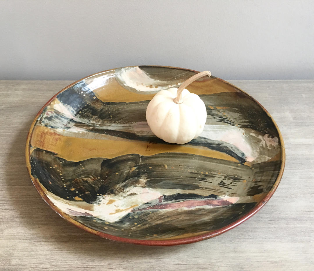 Large Shallow Studio Pottery Bowl Round Serving Tray 17" Terra Mod