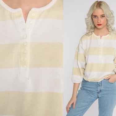 80s Striped Shirt -- White Yellow Slouchy Shirt Henley Shirt Ringer Button Up Retro Tee Vintage Slouch Long Sleeve Loose Large 