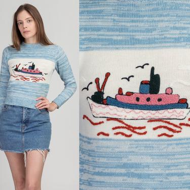 70s Novelty Steamboat Sweater - Extra Small | Vintage Blue Terrycloth Ship Lightweight Pullover Jumper 