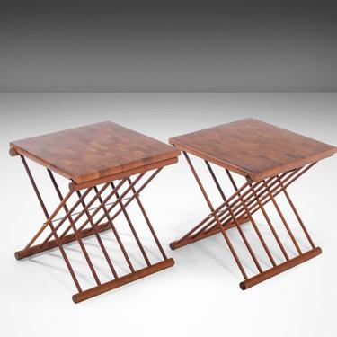 Danish Modern Set of Two (2) Solid Butcherblock Wood Foldable Campaign Style End Tables, c. 1960s 