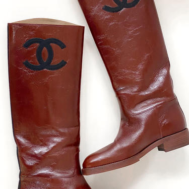 $2450 Chanel Women Gold Leather CC Logo Over Knee High Boots Size US 6 EU 36