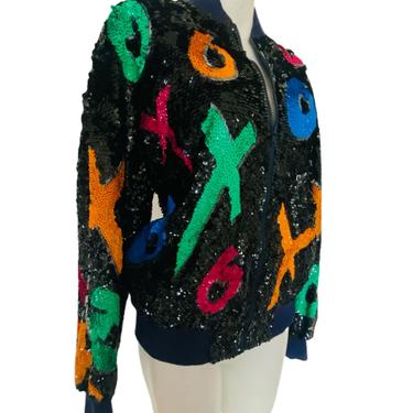 90s Vintage TIC TAC XOXO Jacket, sequin and beaded neon color bomber jacket, black sequin beaded Art Deco coat, unisex men's women's vintage 