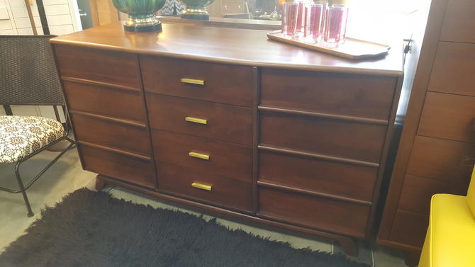 Mid Century Modern 12 Drawer Solid Cherry Dresser With Walnut