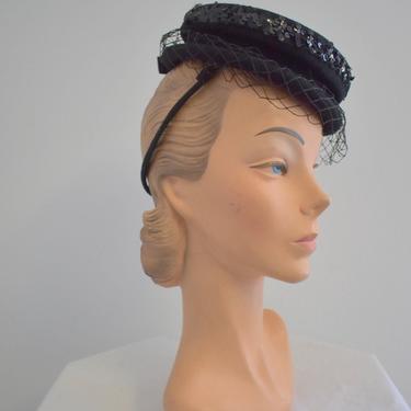 1940s New York Creations Black Felt and Sequin Tilt Hat with Netting 