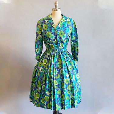 1950's Print Shirtwaist Dress / Blue Floral Dress / 50s Silk Dress / Garden Party Dress / Size: Small 