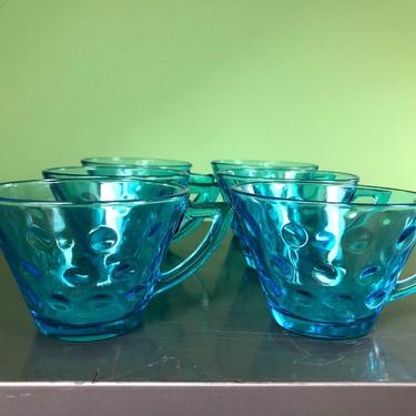 Mid Century Hazel Atlas Capri Dot Coffee Cups Set of 6 Turquoise Glass 