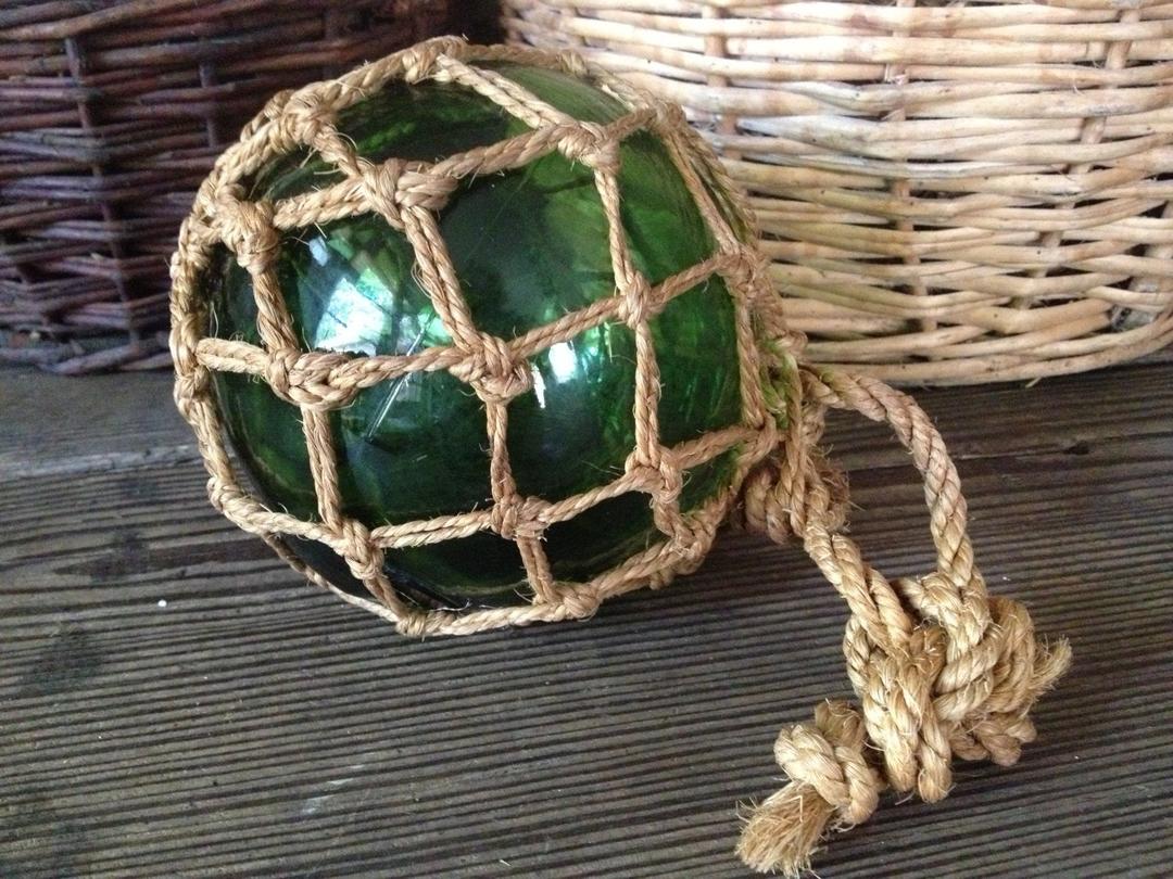 Handblown Green Glass Fishing Float with Rope Netting | Jan's Vintage ...