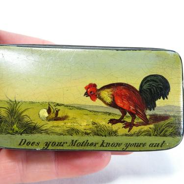 Antique LACQUER SNUFF BOX HAND PAINTED ART Lacquer-Ware FARM SCENE JOKE Rooster