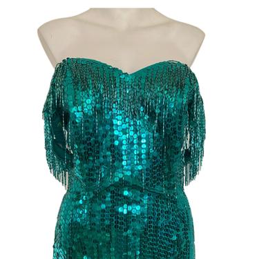 80s GREEN Beaded Sequin Dress small 