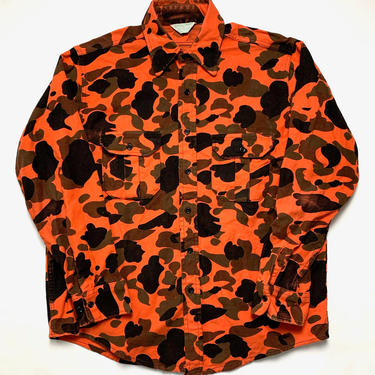 Vintage CLOUDCOVER Blaze Camouflage Chamois Cotton Shirt ~ L ~ Orange Camo ~ Flannel ~ Hunting ~ Made in USA 