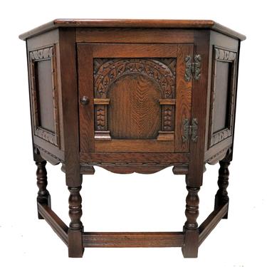 Foyer Table | Vintage English Wood Bros. Cathedral Carved Entry Cabinet Piece 