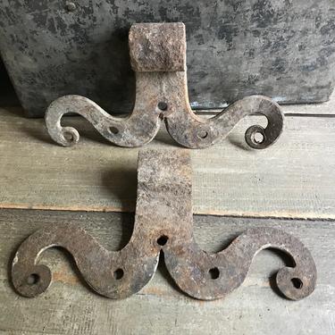 Pair French Mustache Hinges, Blacksmith Made, Rustic Chateau Decor, Wall Door Mounts, Set of 2 