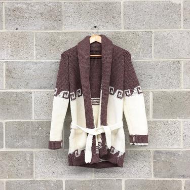 Vintage Sweater Cardigan Retro 1970s Hand Knit + Southwestern Print + Wrap or Tie Front + Purplish Grey and White + Unisex Apparel 