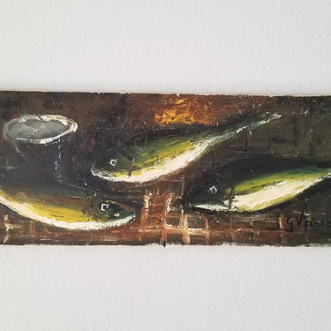 1960s Mid-Century Still Life Abstract Fish Oil Painting. 