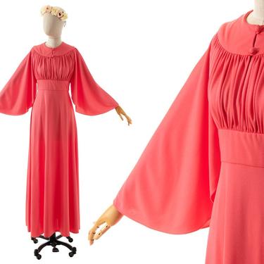Vintage 1970s Maxi Dress | 70s Salmon Pink Jersey Angel Sleeve Grecian Empire Waist Full Length Gown (x-small/small) 
