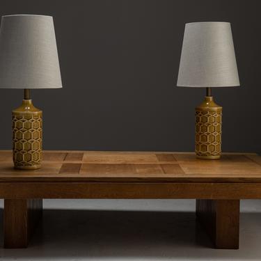 Modern Ceramic Table Lamps and Panelled Oak Coffee Table