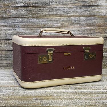 1940s Vintage Warren Train Case, Leather Overnight Travel Case w/ Mirror, Burgundy Suitcase Carry On, Mid Century Modern, Vintage Luggage 