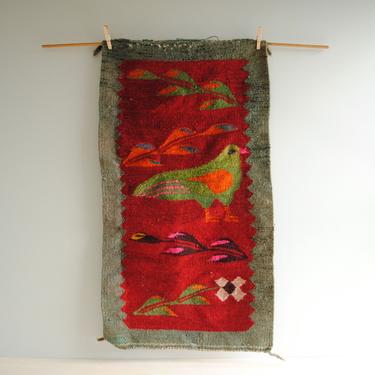 Vintage Handwoven Bird Wool Rug or Wall Hanging, Bird and Flower Weaving Textile, Red and Green Folk Art Wall Hanging, 37&quot; x 21&quot; Weaving 