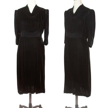 1930s Dress ~ Black Velvet Peak Shoulder Ruched Dress 