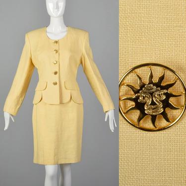 Medium 1990s Moschino Cheap & Chic Yellow Linen Skirt Suit Long Sleeve Jacket Pencil Skirt Sun Buttons Summer 90s Vintage 