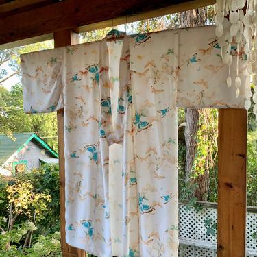 Vintage Butterfly Kimono - Japanese Kimono - White Butterfly Printed Cotton - Sheer White Rayon Lining - Size Medium 