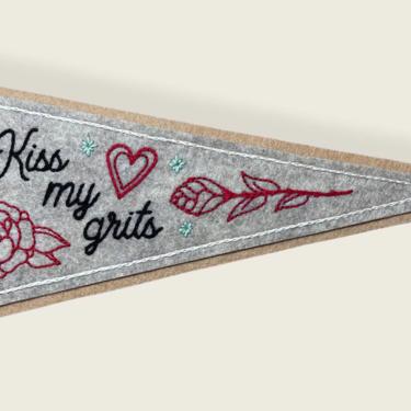 Handmade / hand embroidered tan &amp; gray felt pennant - 'Kiss My Grits’ with roses and heart - vintage style - tattoo flash 