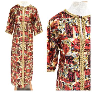 Vintage VTG 1960s 1970s Red Gold Patterned Kaftan Caftan Maxi Dress 