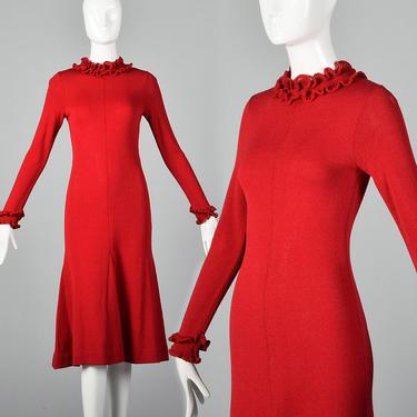 XXS Red Knit Sweater Dress Long Sleeve Back Zip Ruffle Rib Knit Vintage 1970s Winter Holiday Party Dress 
