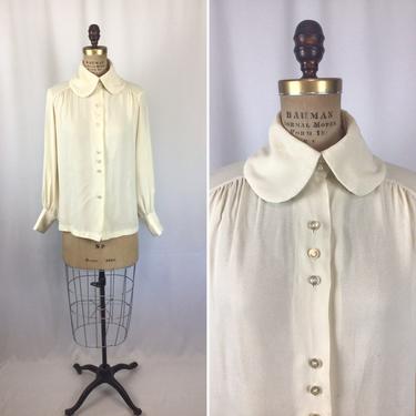 Vintage 40s blouse | Vintage ivory crepe top | 1940s bishop sleeve shirt 