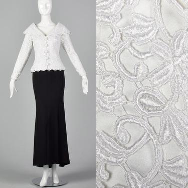 Small 1990s Two Piece Set White Lace Top Black Sexy Mermaid Skirt Saks Fifth Avenue Evening Separates 90s Vintage 