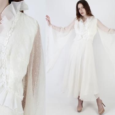 Vintage 70s Giant Kimono Sleeve Dress / 1970s Gypsy Boho Wedding Dress / Avant Garde Renaissance Festival Bridal Sheer Maxi Dress 