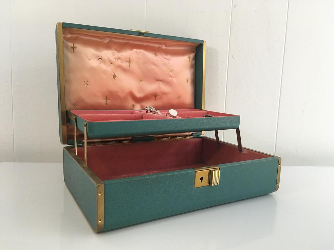 Vintage Green Farrington Jewelry Box Red Rose Pink Gold Floral Check