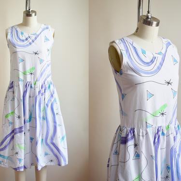 1990s Abstract Print Cotton Dress | Vintage 1980s/1990s Funky Doodle Print Dress with Pockets | S 