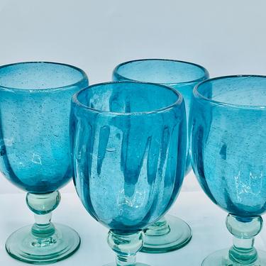Set 4 Vintage Teal Hand Blown Glass Water Wine 6-7/8&amp;quot; Goblet Trapped Air Bubbles 