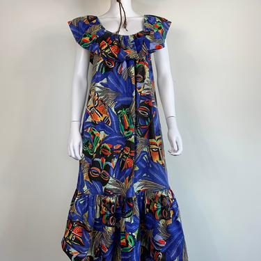 Vtg 80s David Brown cotton tropical mask print tribal ethnic ruffle dress 