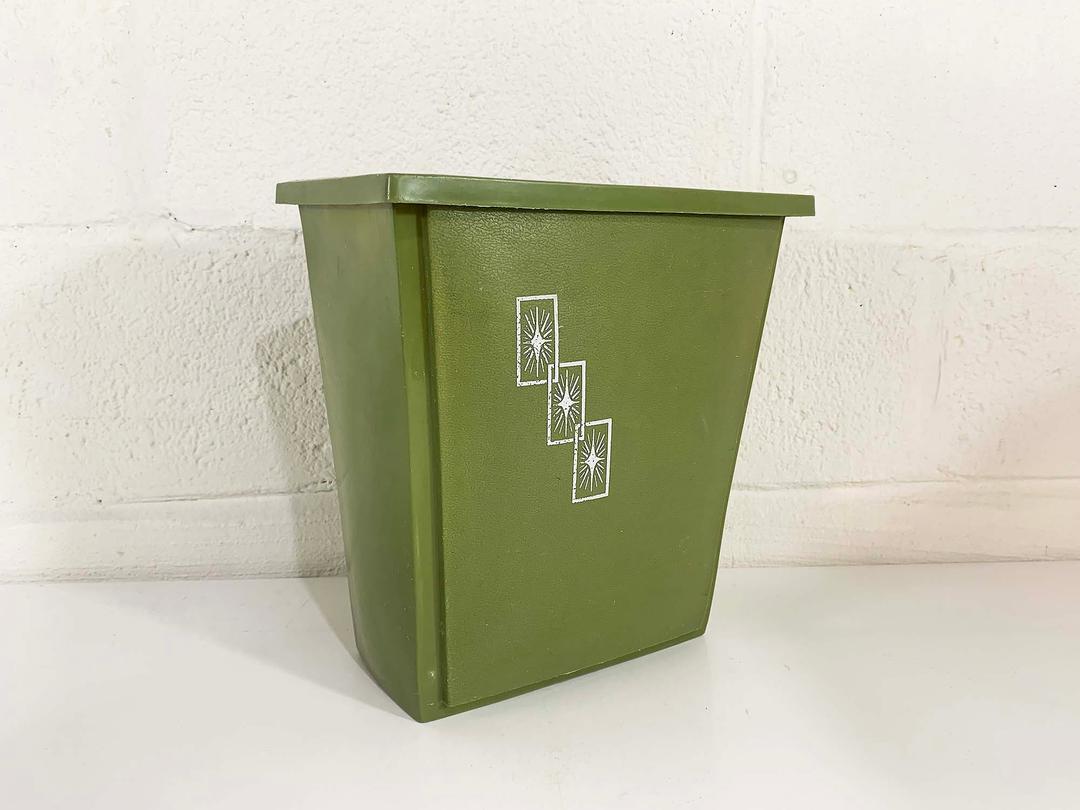 Vintage Plastic Atomic Waste Basket Groovy Avocado Green