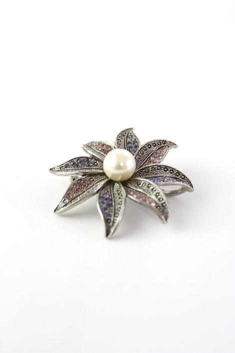 Vintage Coro Flower Pin Brooch, Green White Blue Enamel and