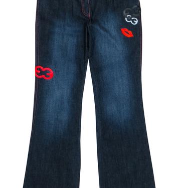 Escada - Dark Wash Flared Jeans w/ Lip &amp; Logo Embroidery &amp; Patches Sz 4