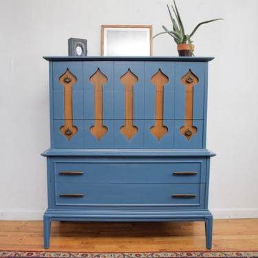 Mid Century Modern Painted Dresser, Moroccan Inspired Blue Teal Modern Dresser, MCM Highboy Dresser, Chest of Drawers, Free NYC Delivery 