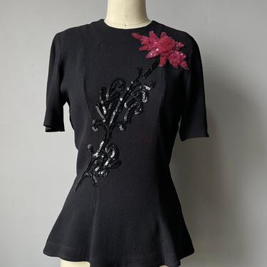 1940s Blouse Black Rayon Sequin Top S 