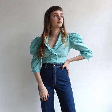 Vintage 70s Teal Cotton Puff Sleeve Blouse/ 1970s Indian Cotton, Bottle of  Bread