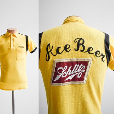 1960s Yellow Knit Ace Beer Bowling Shirt 