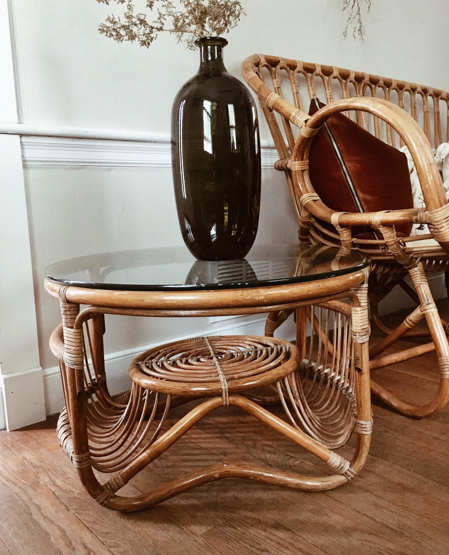 Vintage Franco Albini Style Rattan Coffee Table, two ...