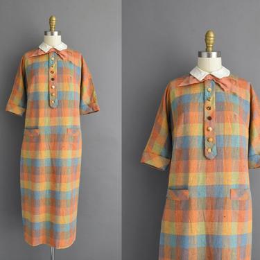1950s vintage dress | Adorable Colorful Bold Plaid Print Day Dress | Large | 50s dress 